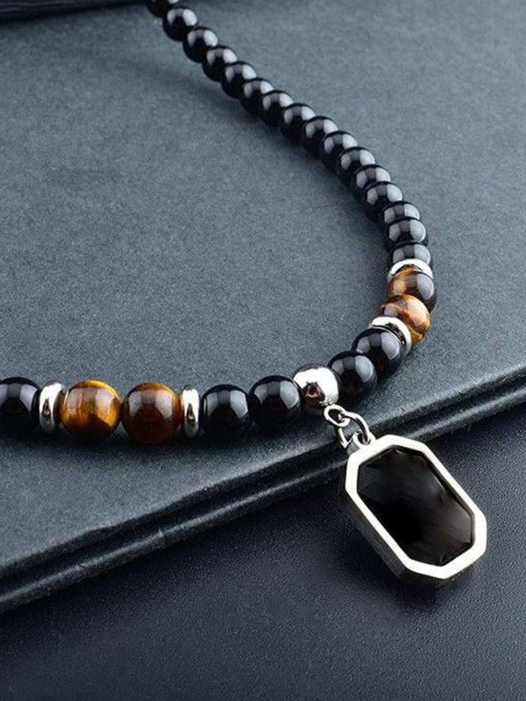PASU FASHION Men Silver-Plated Onyx and Tiger Eyes Beaded Geometric Pendant Necklace