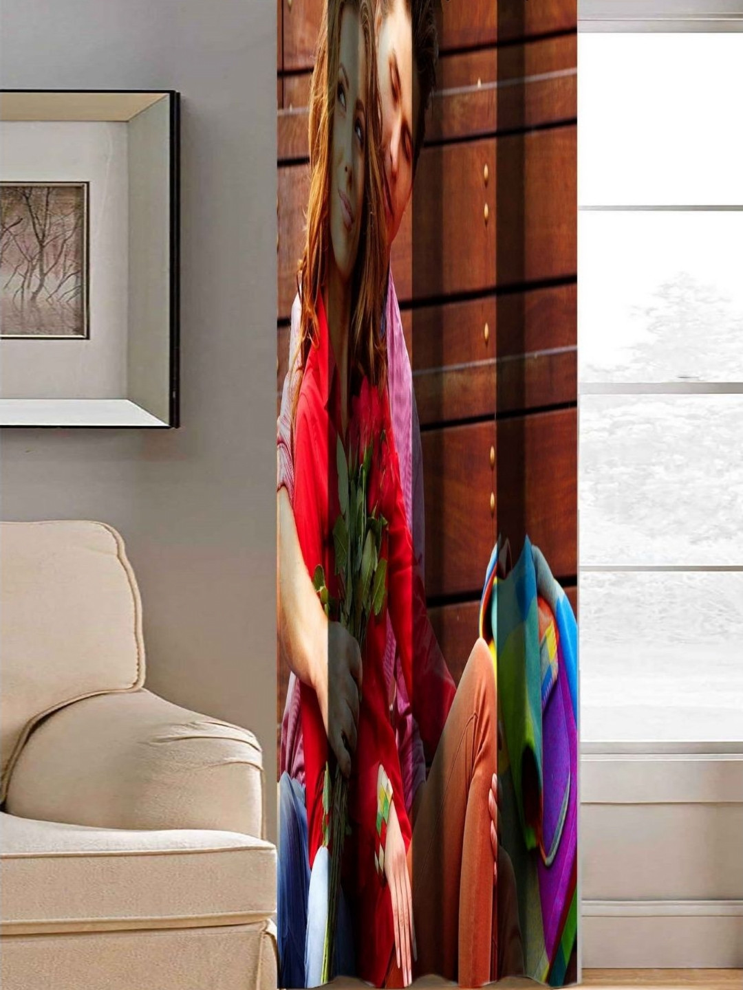 Aura Red & Brown Couple Printed Light Blocking Window Curtain