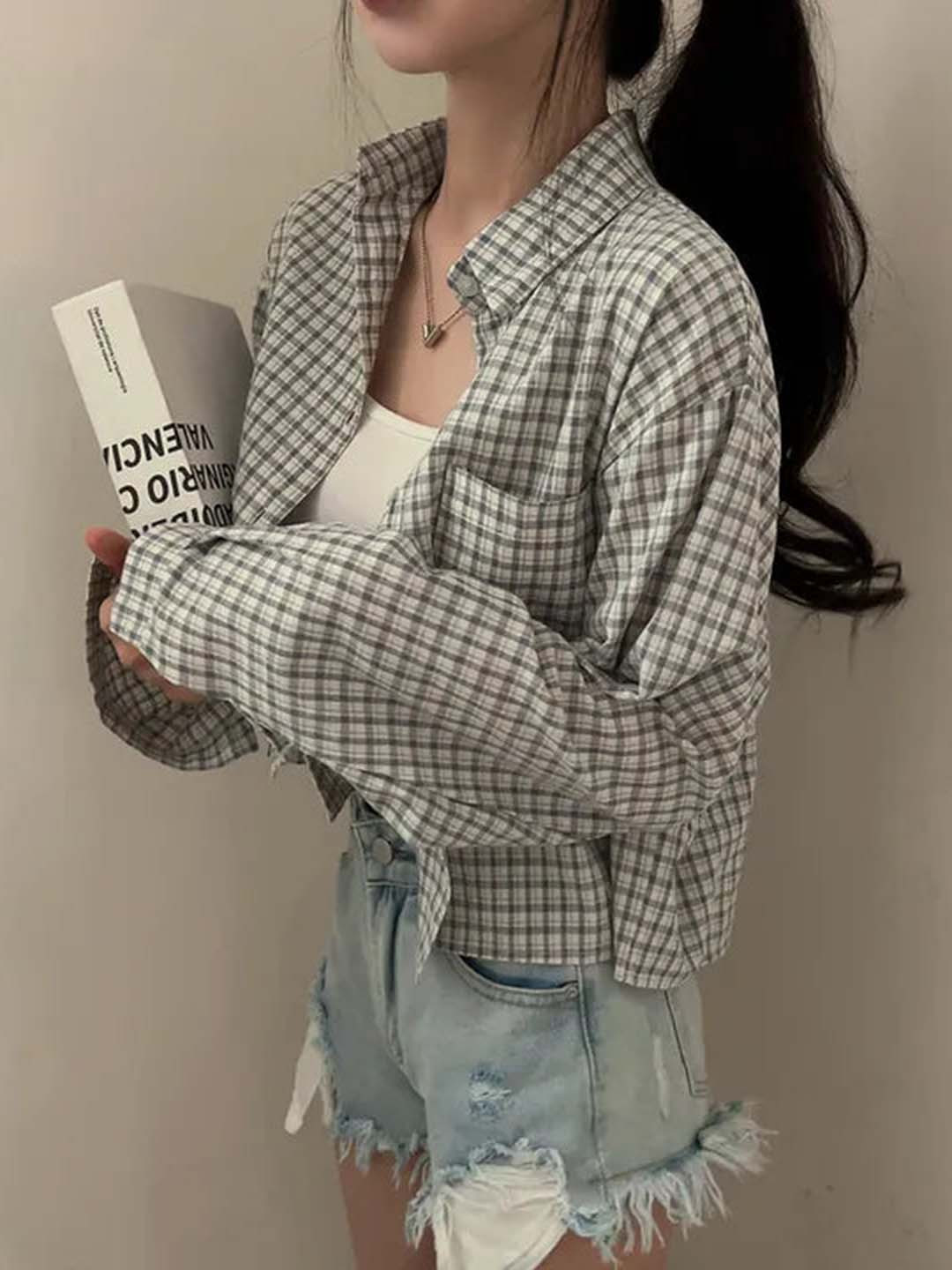 Outzidr Grey Drop Shoulder Flannel Shirt