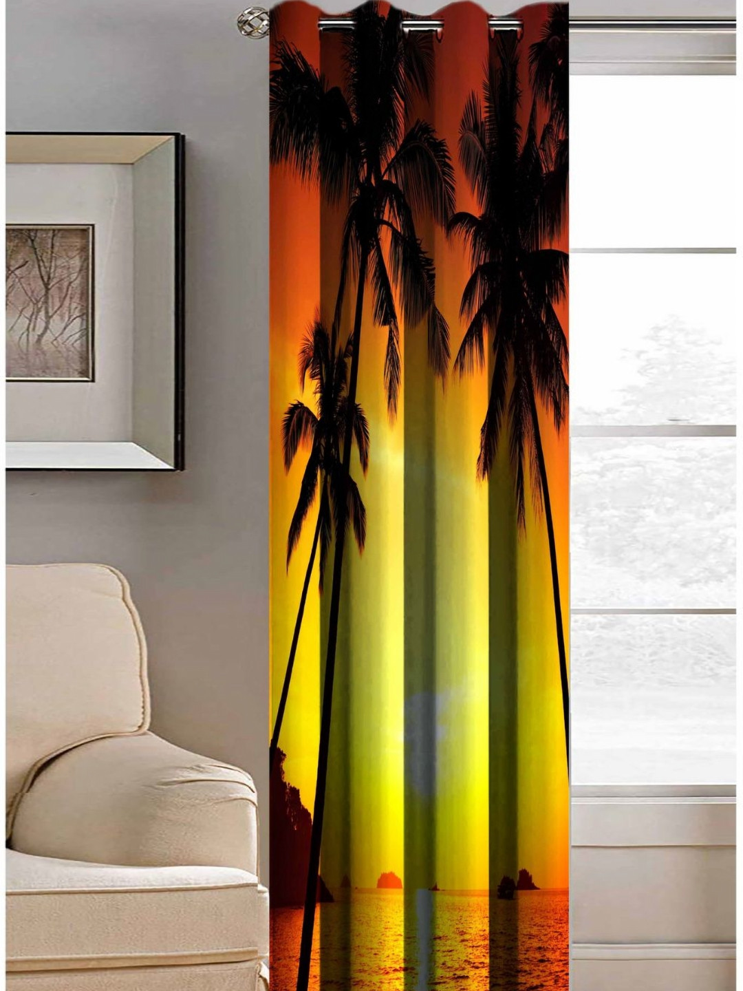 Aura Black & Yellow Sunset Beach Printed Light Blocking Long Door Curtain