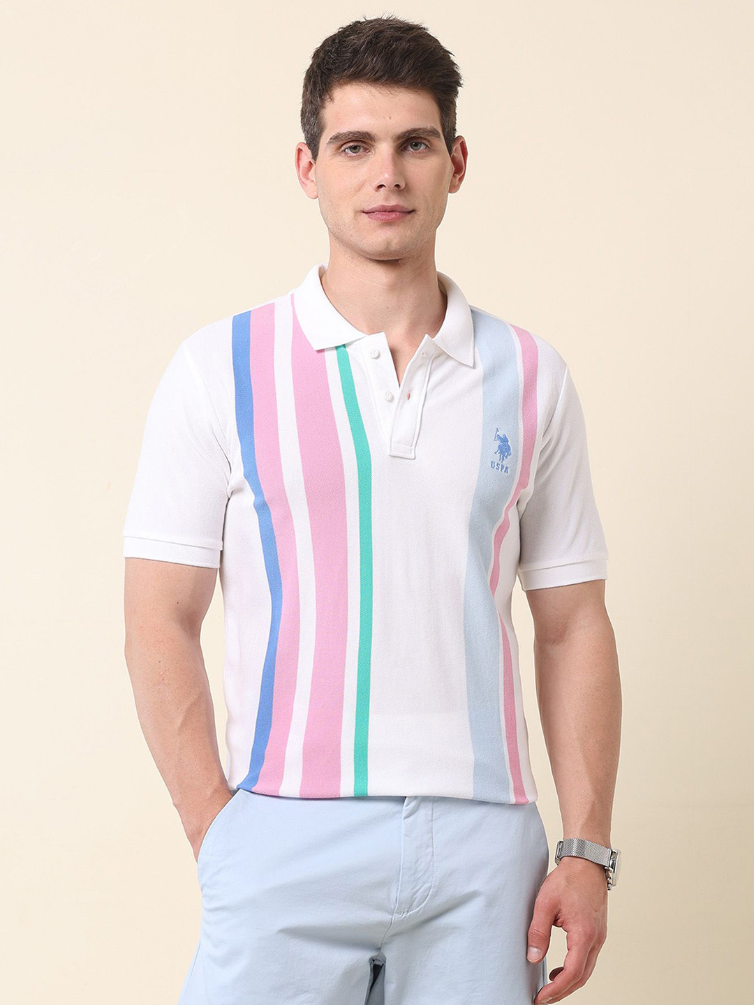 U.S. Polo Assn. Men Summer Splash Vertical Striped Polo Collar Cotton T-shirt