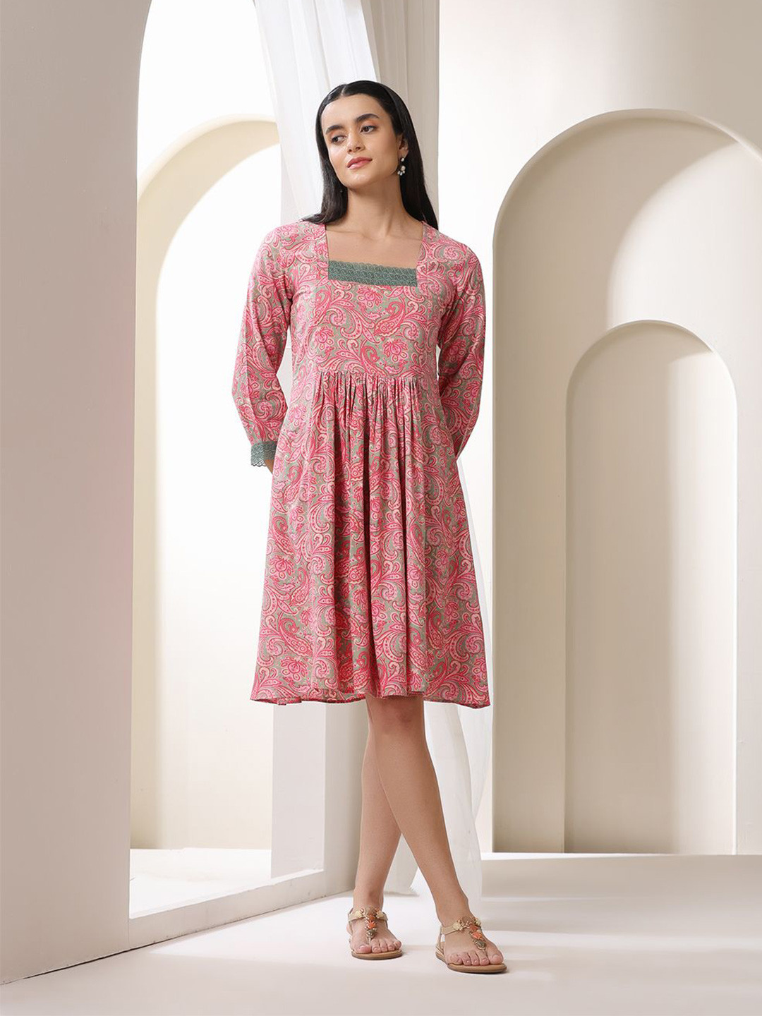 Khushal K Tribal Printed Square Neck Fit & Flare Dress
