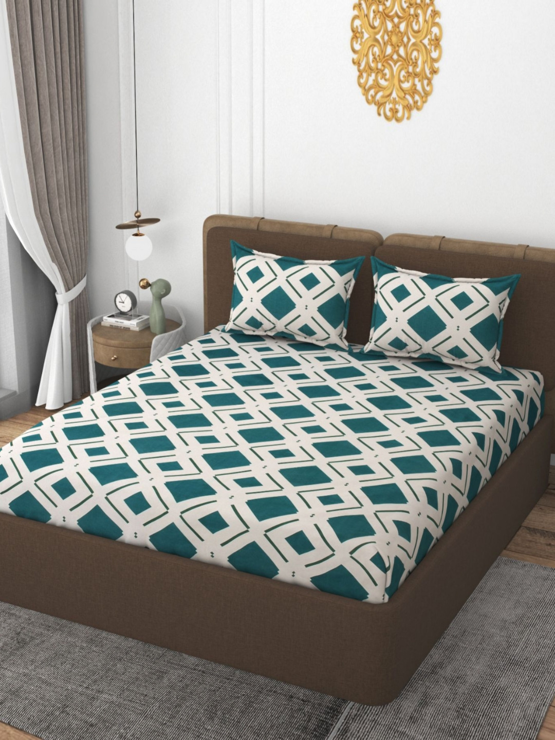 VOMZER Green Geometric Cotton 210 TC Fitted Double Fine Bedsheet with 2 Pillow Covers-78 x 72 inches
