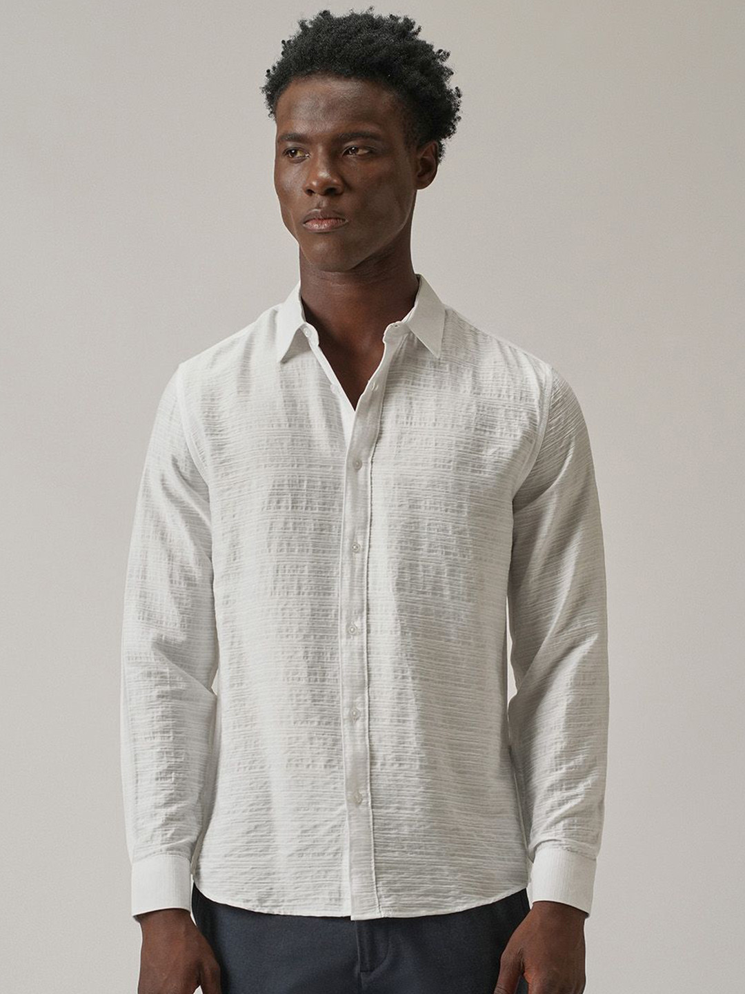 Banana Club Men White Crushed Self Stripe Shirt