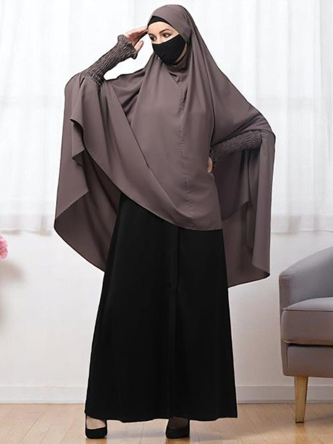 BASHARIYA Long Khimar Hijab With Adjustable Mouthpiece & Tie-Up Ribbons