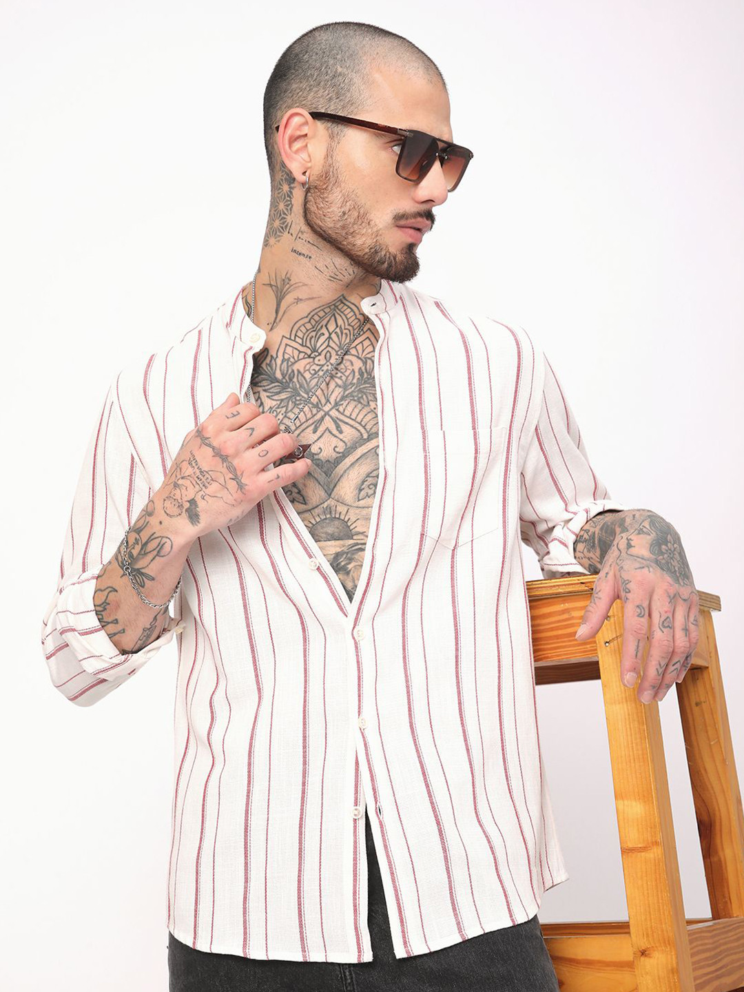 VASTRADO Men Classic Slim Fit Vertical Striped Band Collar Cotton Casual Shirt