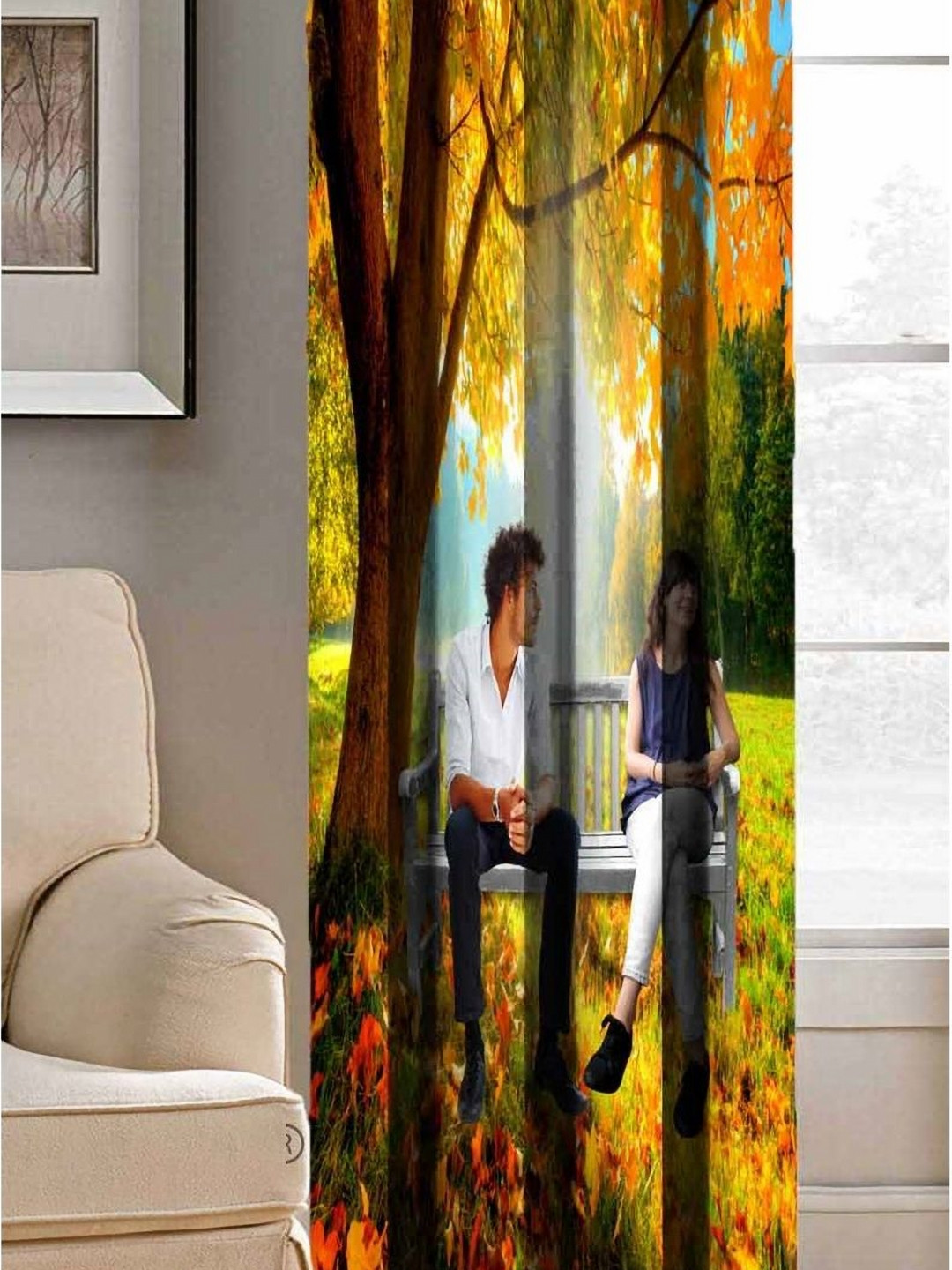 Aura Mustard & Orange Couple Sitting Printed Light Blocking Window Curtain