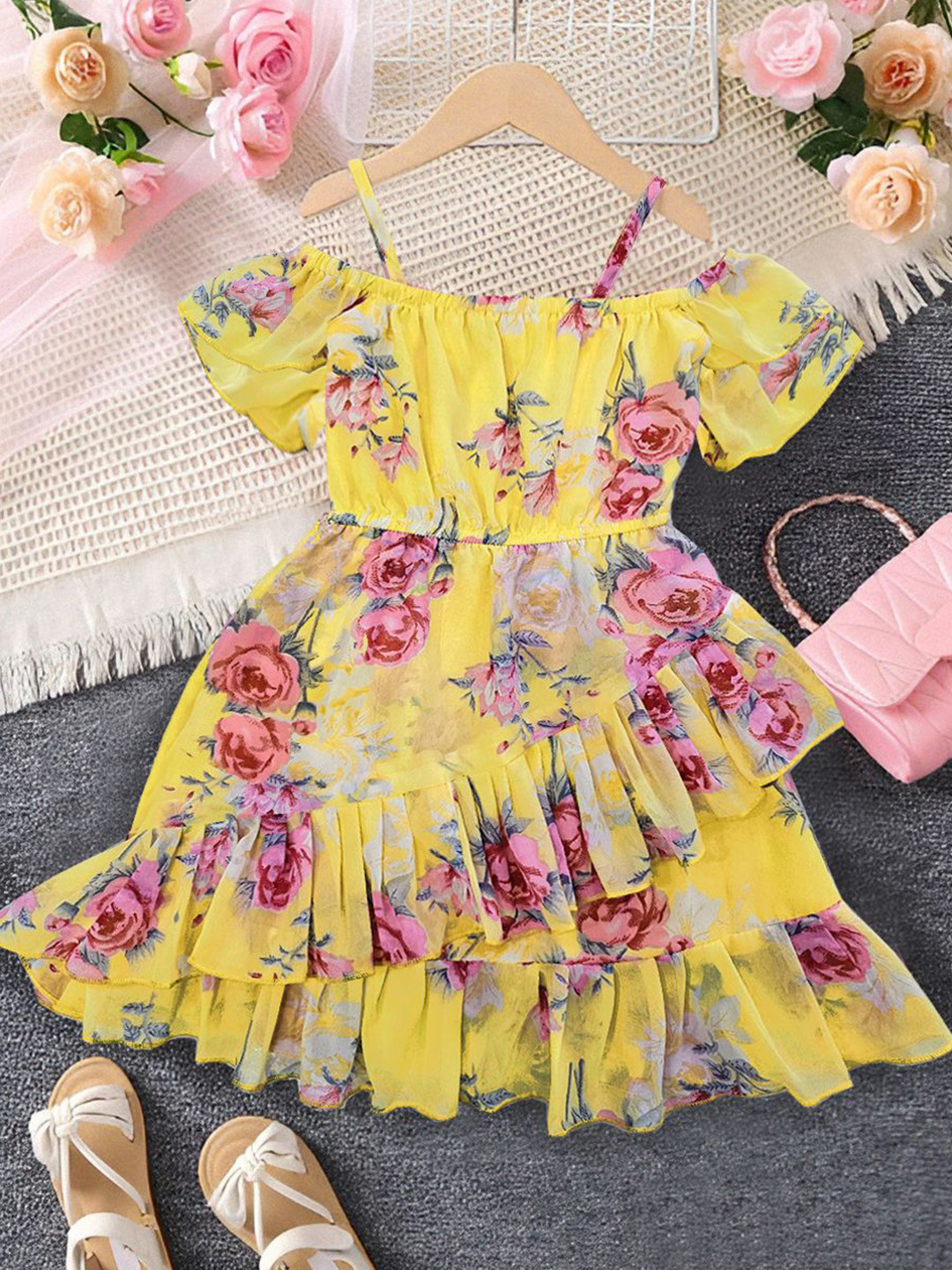 KRISHTINA Kids-Girls Floral Print Georgette Fit & Flare Midi Dress