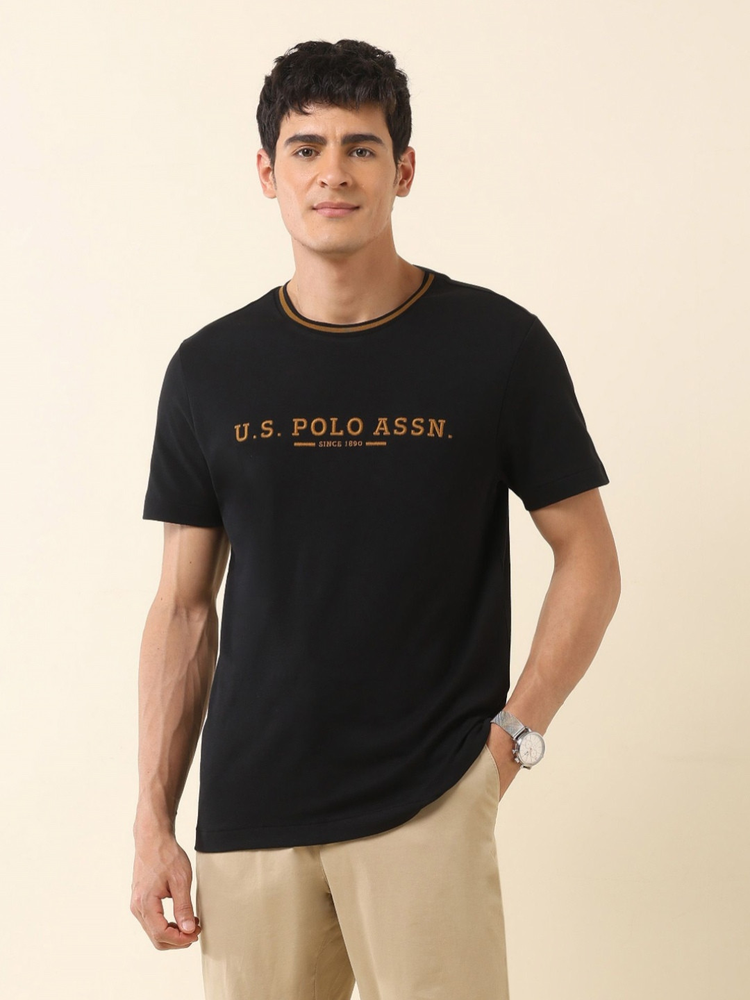 U.S. Polo Assn. Men Modern Monochrome Brand Logo Embroidered Pure Cotton T-shirt