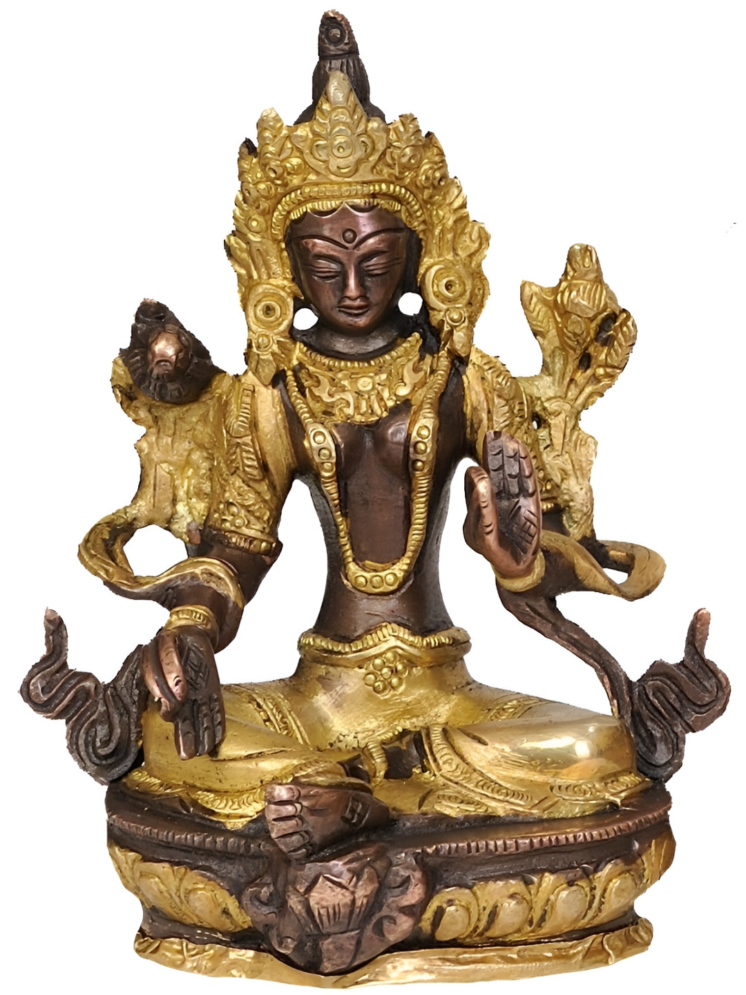 Exotic India Tibetan Buddhist Goddess Green Tara Brown Brass Metallic Living Room Medium Showpiece - 5.5 Inches