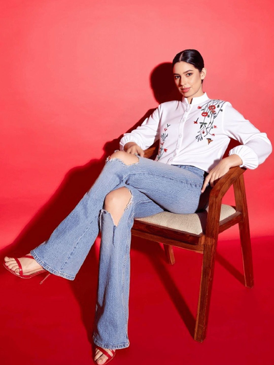 MAYKR Women Floral Printed Mandarin Collar Cotton Casual Shirt