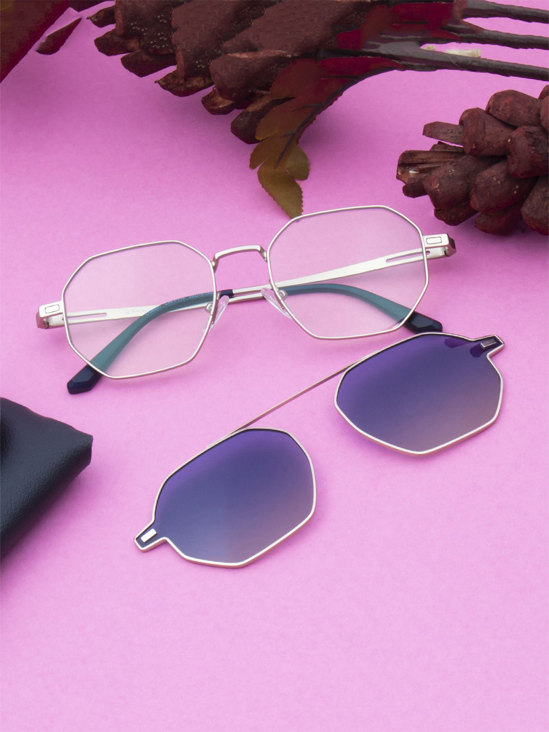 Ted Smith Unisex Silver-Blue Hexogan Metal Clip On Frames Clip On Sunglasses With Polarized Lens