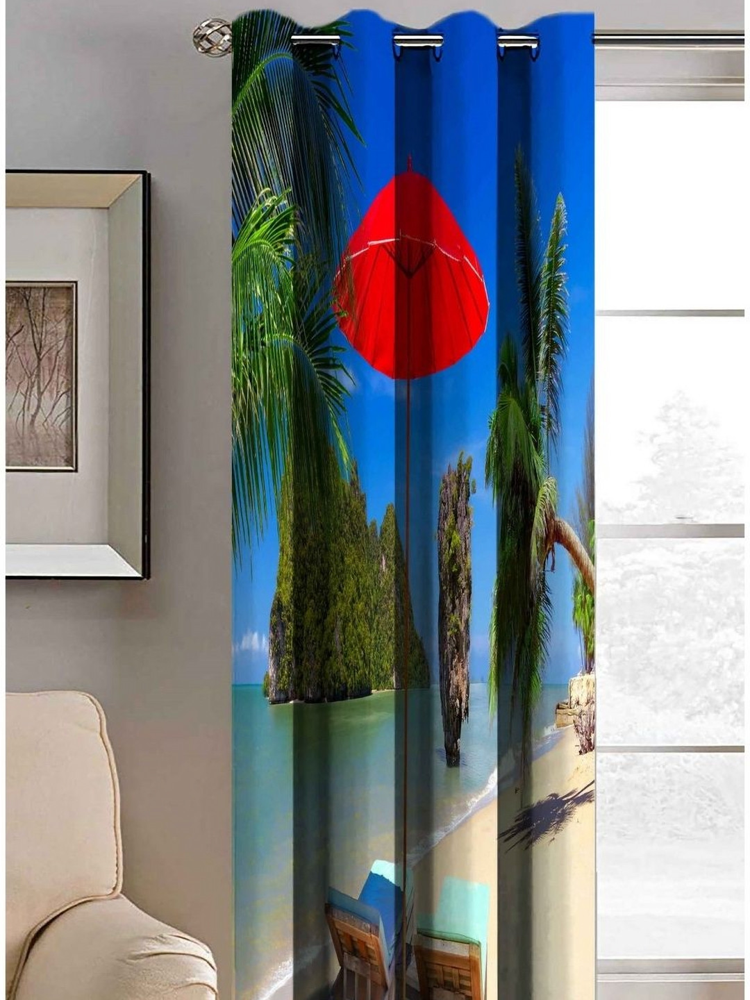 Aura Blue & Red Beach With Umbrella Printed Light Blocking Window Curtain