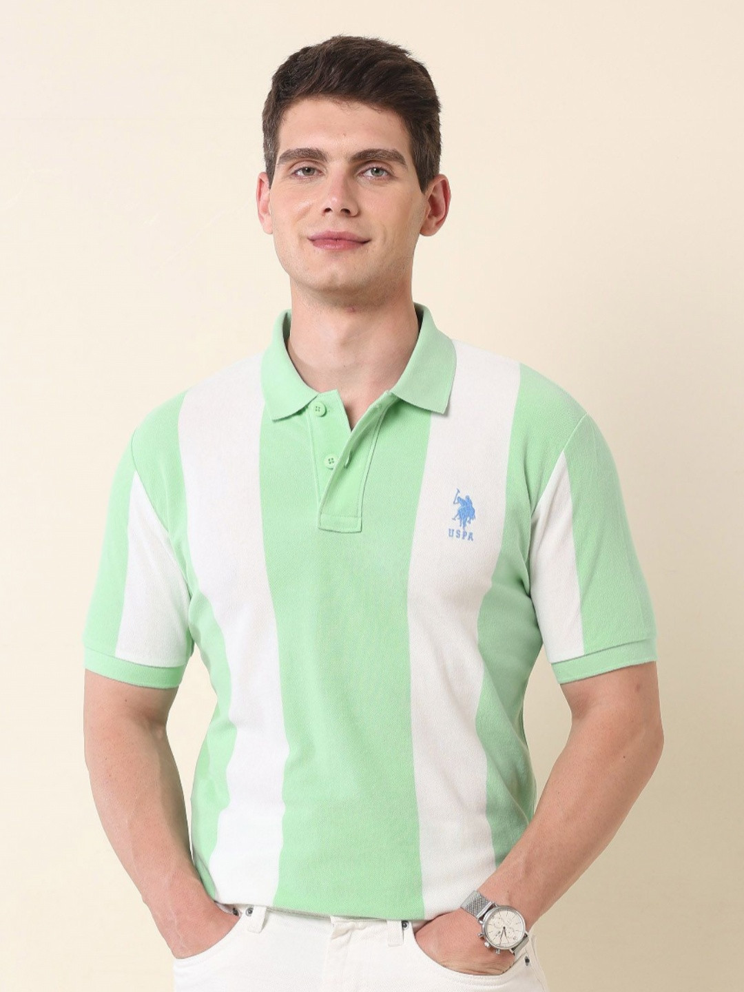 U.S. Polo Assn. Men Striped Polo Collar Applique Slim Fit T-shirt