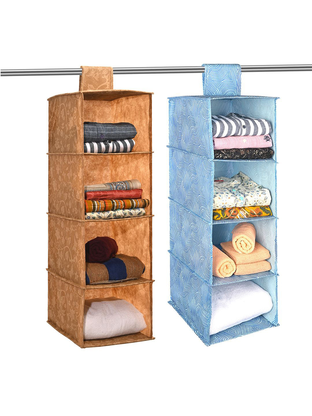 Kuber Industries 2 Pieces Brown & Blue Foldable 4 Shelf Hanging Closet Organisers