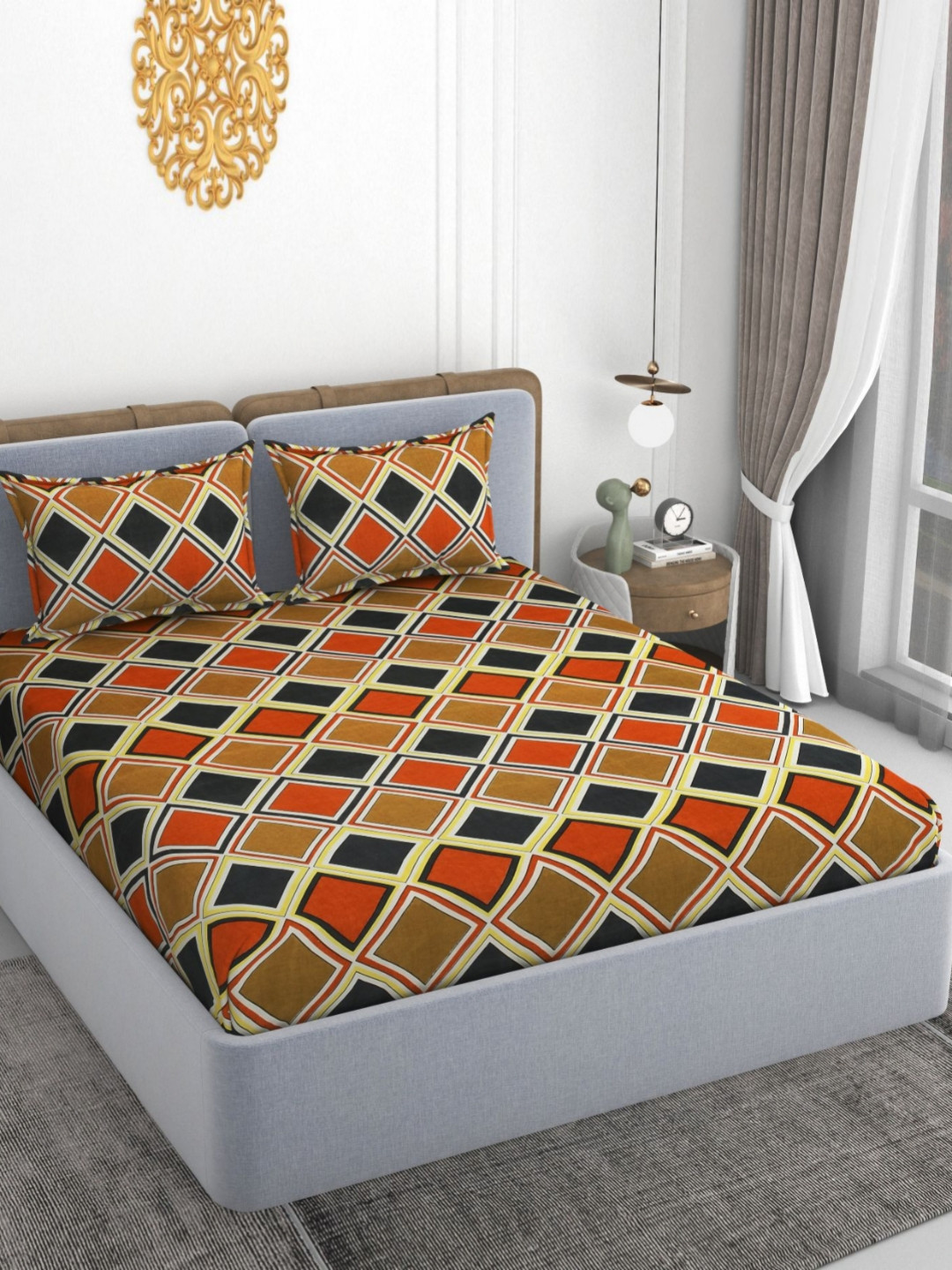 VOMZER Brown Geometric Cotton 210 TC Fitted King Fine Bedsheet with 2 Pillow Covers-78 x 72 inches