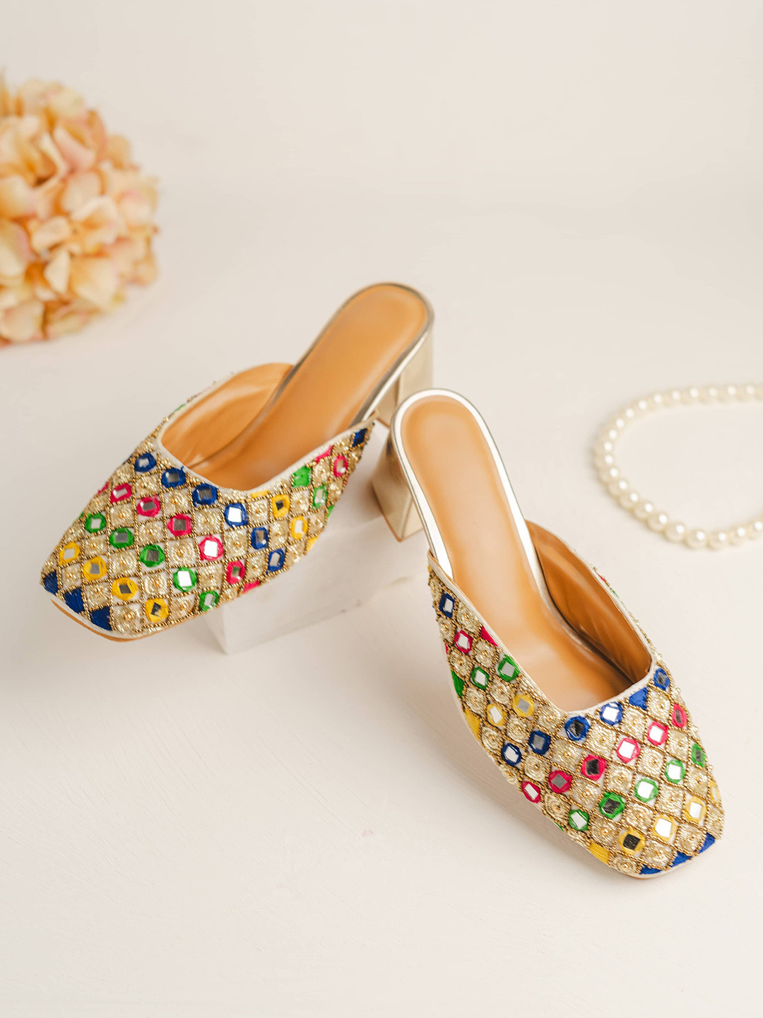 TheChokri Women Ethnic - Embellished Block Square Toe Heels