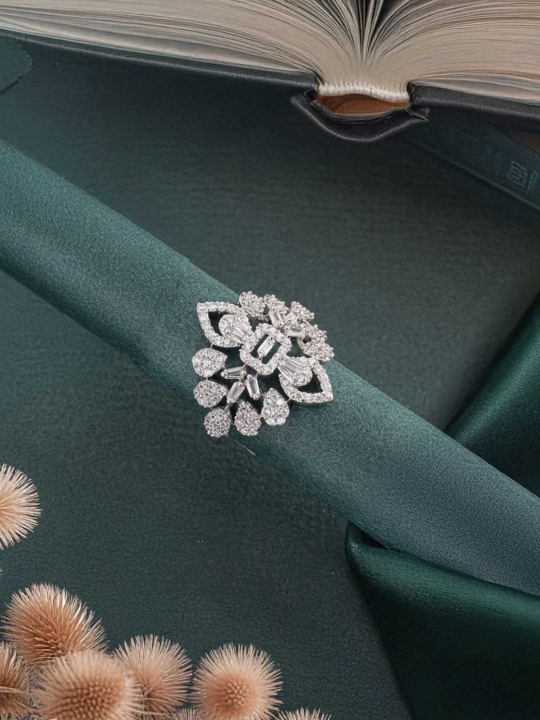 Saraf RS Jewellery Rhodium-Plated  Zircon-Studded Adjustable Cocktail Marriage Finger Ring