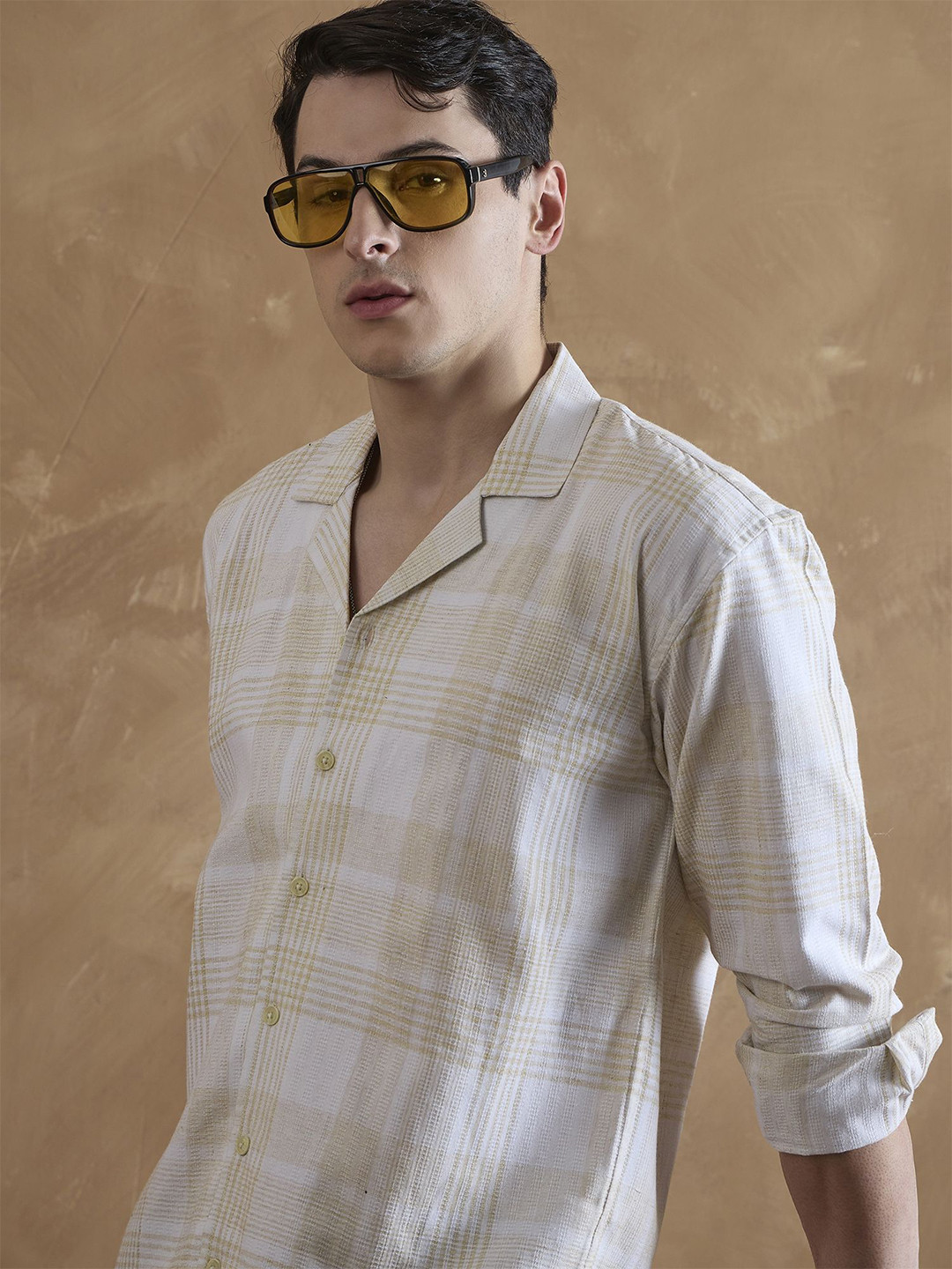 DENNISON Yellow and White Oversized Cuban Collar Checkered Shirt