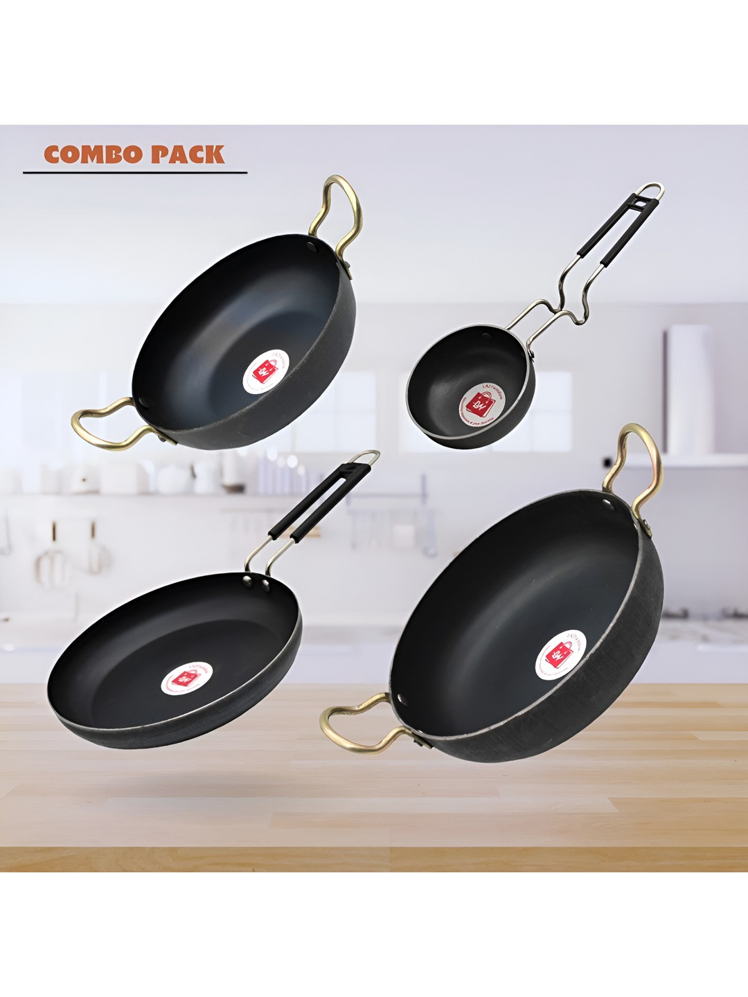 LAZYwindow Black 4 Pieces Iron Kadhai, Sauce Pan And Fry Pan