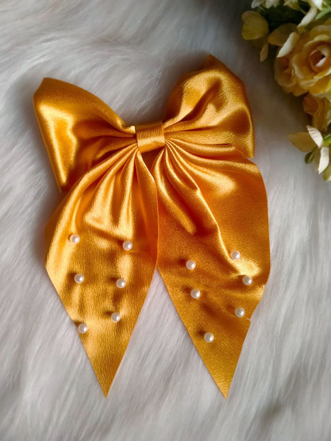 LYKAA Set of 1 Mustard Large Satin Hair Bow with Pearls