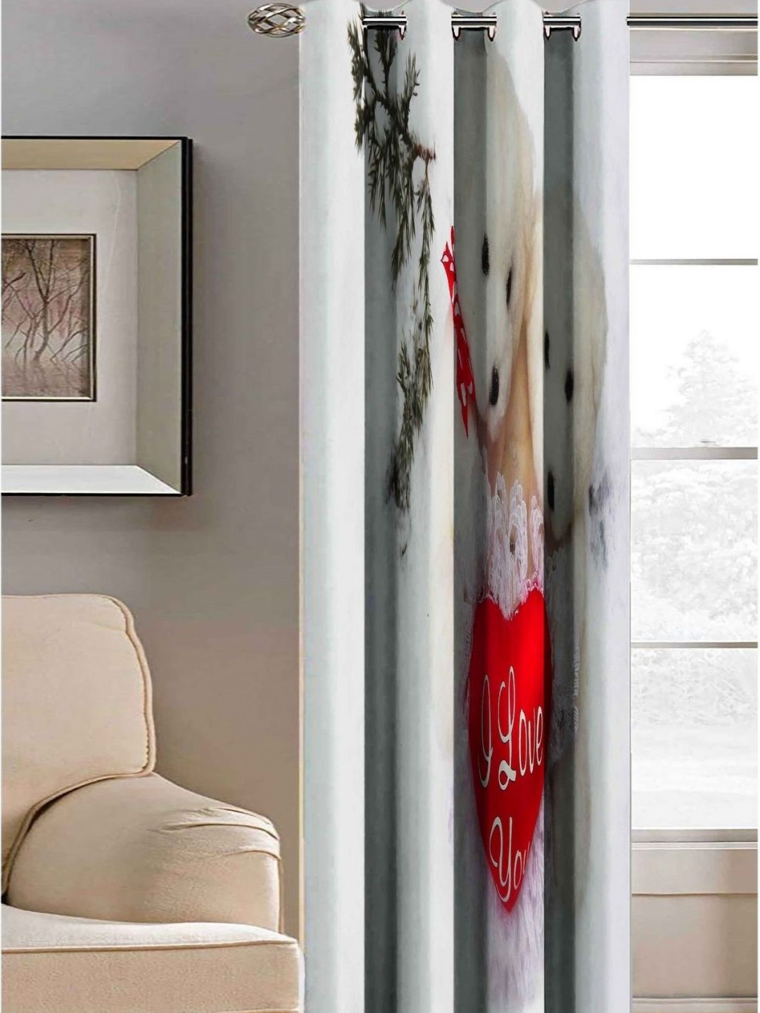 Aura White & Cream Teddy With Heart Printed Light Blocking Window Curtain