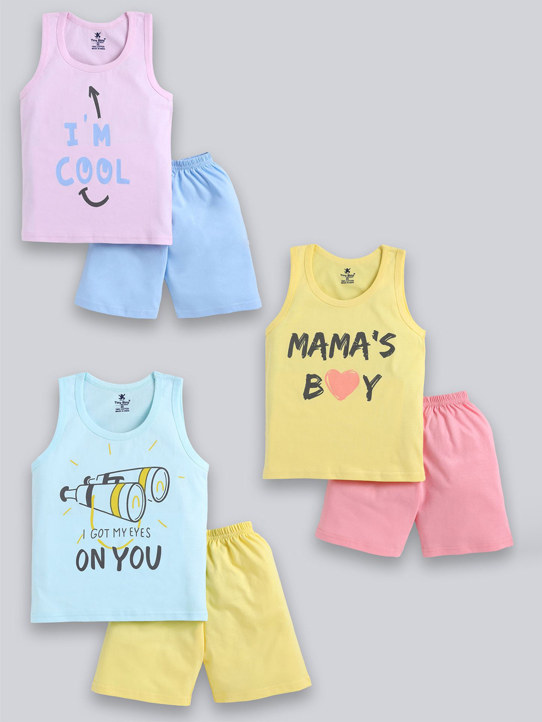 TINY BINY Boys Pack Of 3 Printed Pure Cotton T-shirt With Shorts