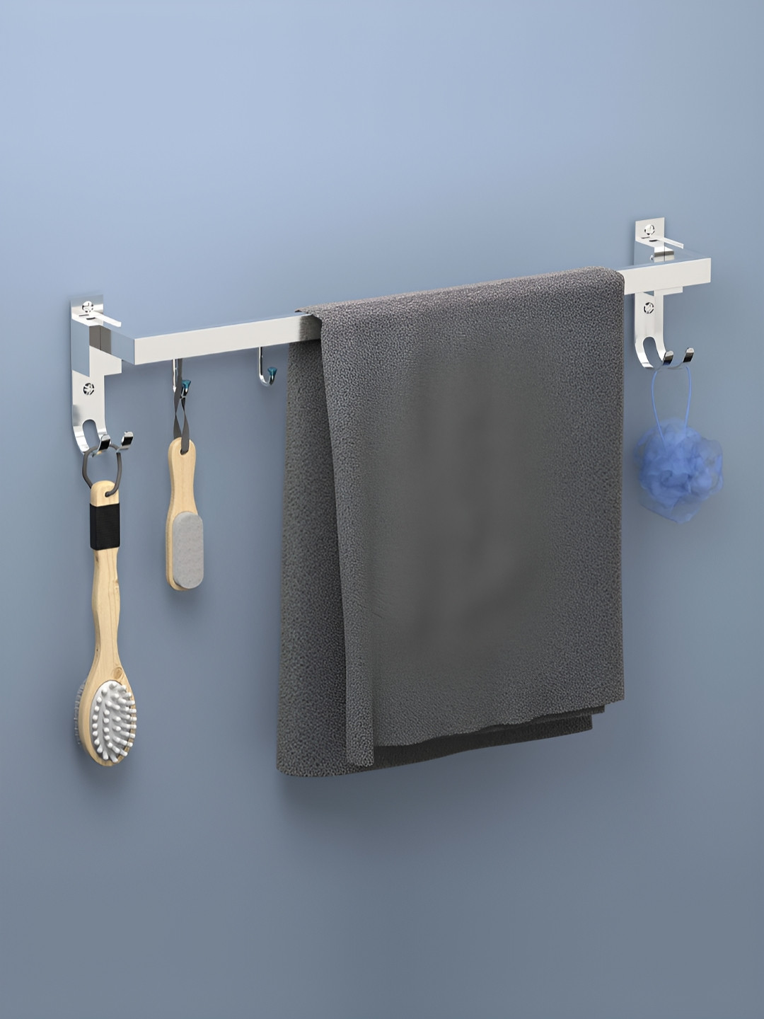 Myntra Elegant Silver-Toned Stainless Steel Towel Rod With Adjustable Hooks