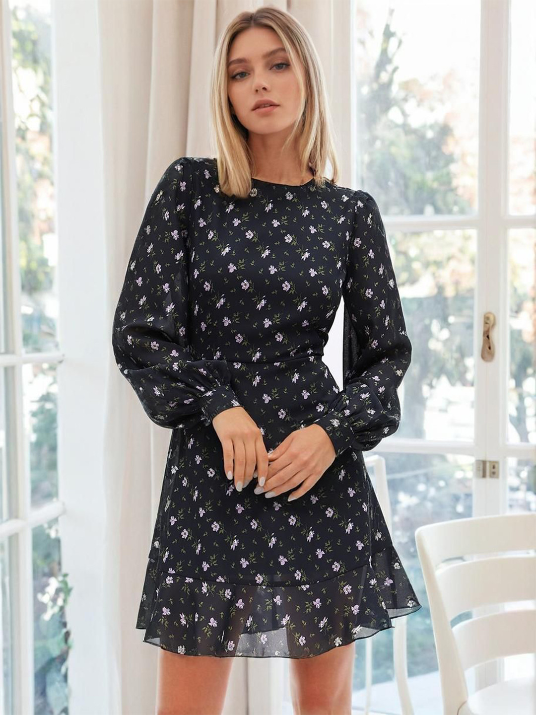 Navy Floral Print Fit & Flare Mini Dress