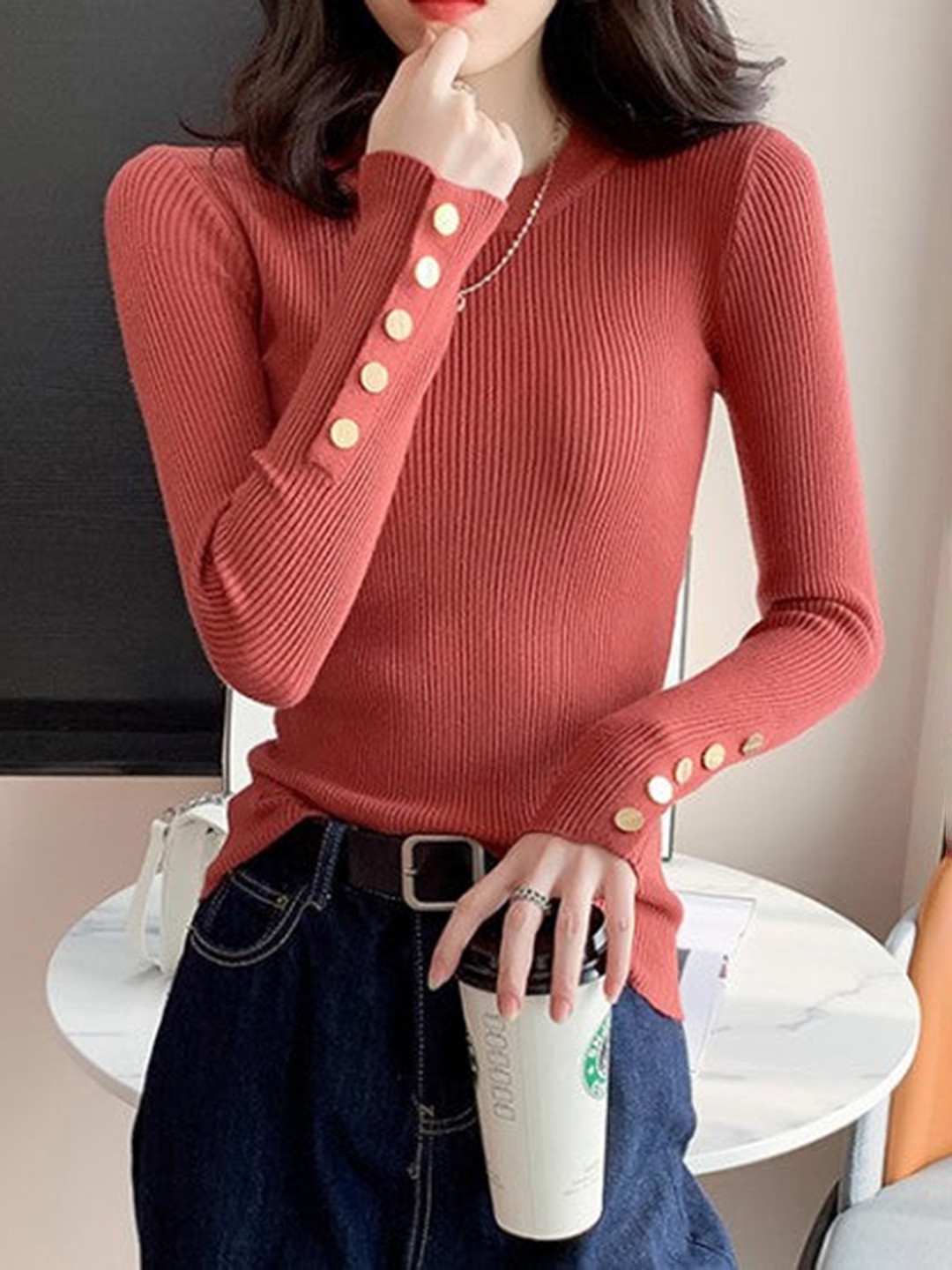 Outzidr Rust High Neck Flat Knit Top