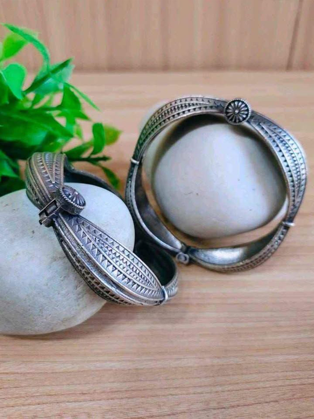 Sanjog German Silver-Plated Oxidized Antique Polish Kada Adjustable Bangle Bracelet