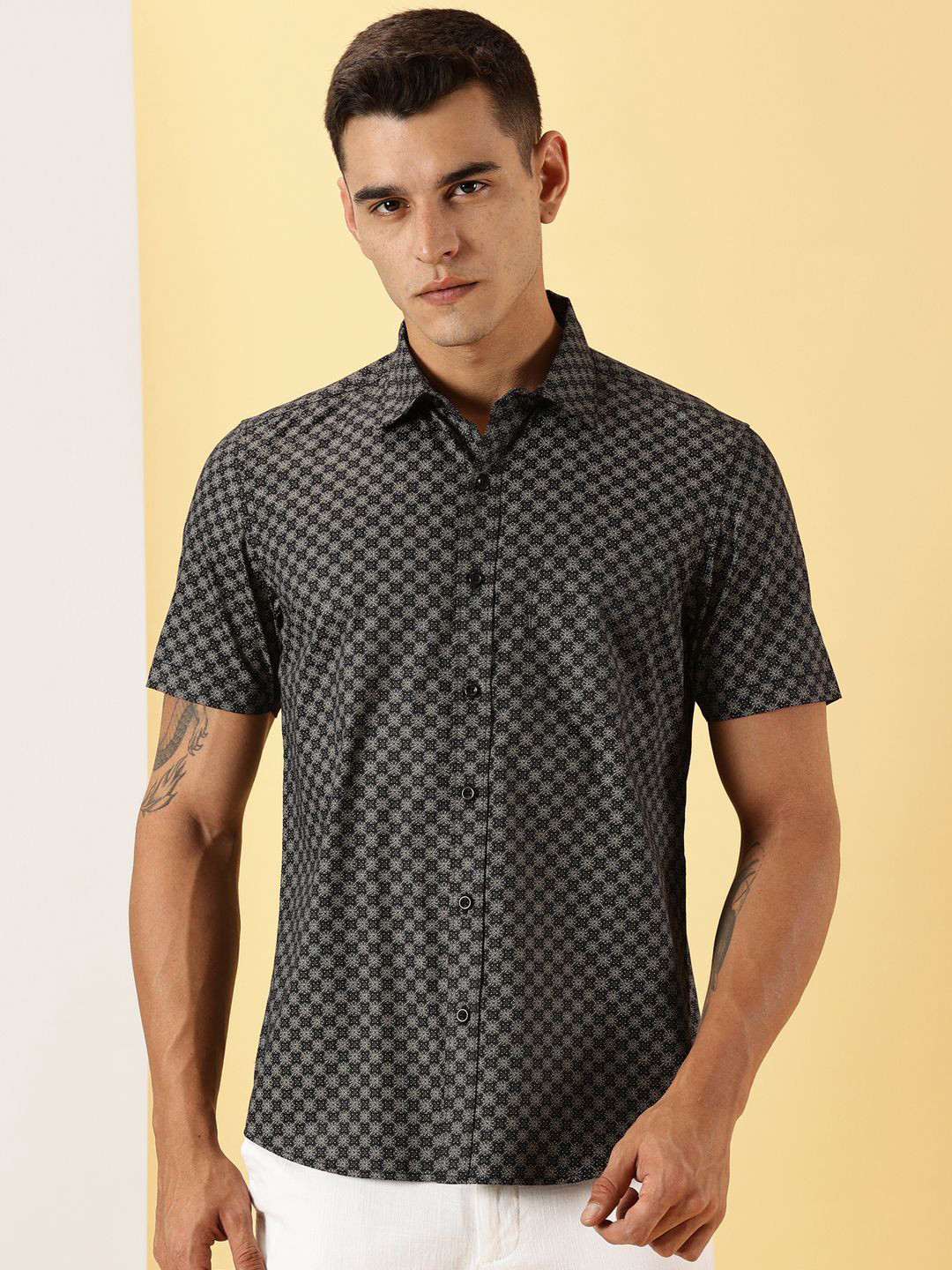 Black Textured Spread Collar Casual Shirt
