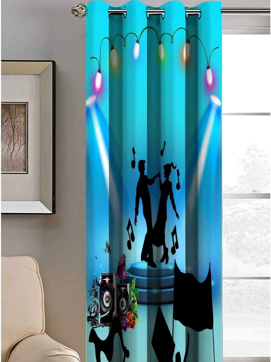 Aura Blue & Black Couple Dance Printed Light Blocking Long Door Curtain
