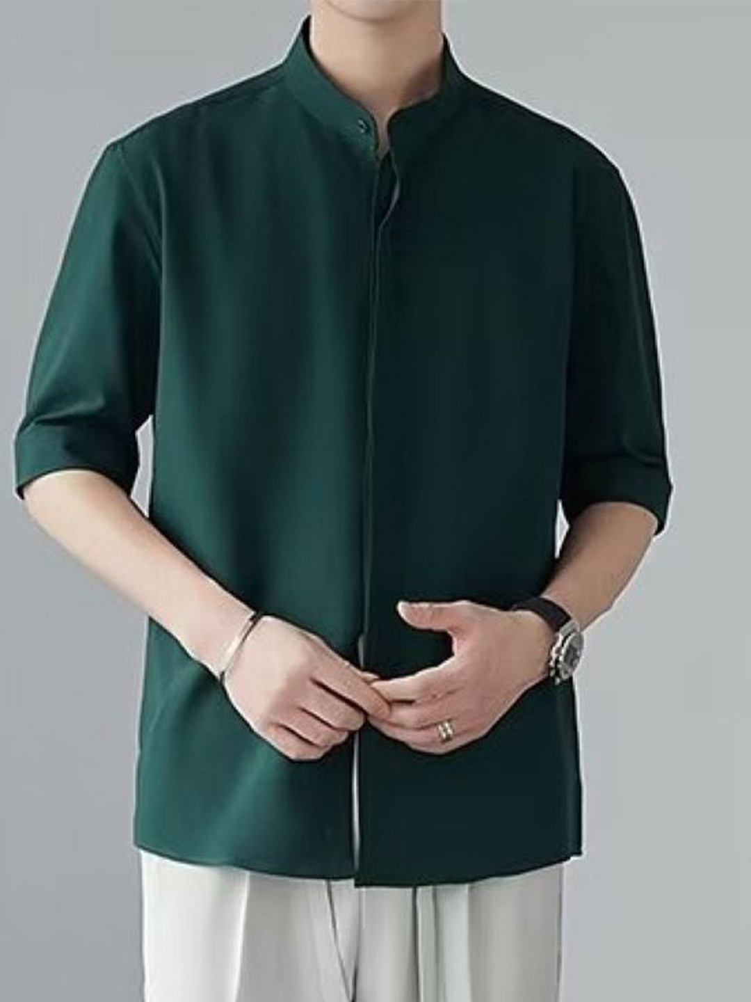 Green Mandarin Collar Regular Fit Casual Shirt