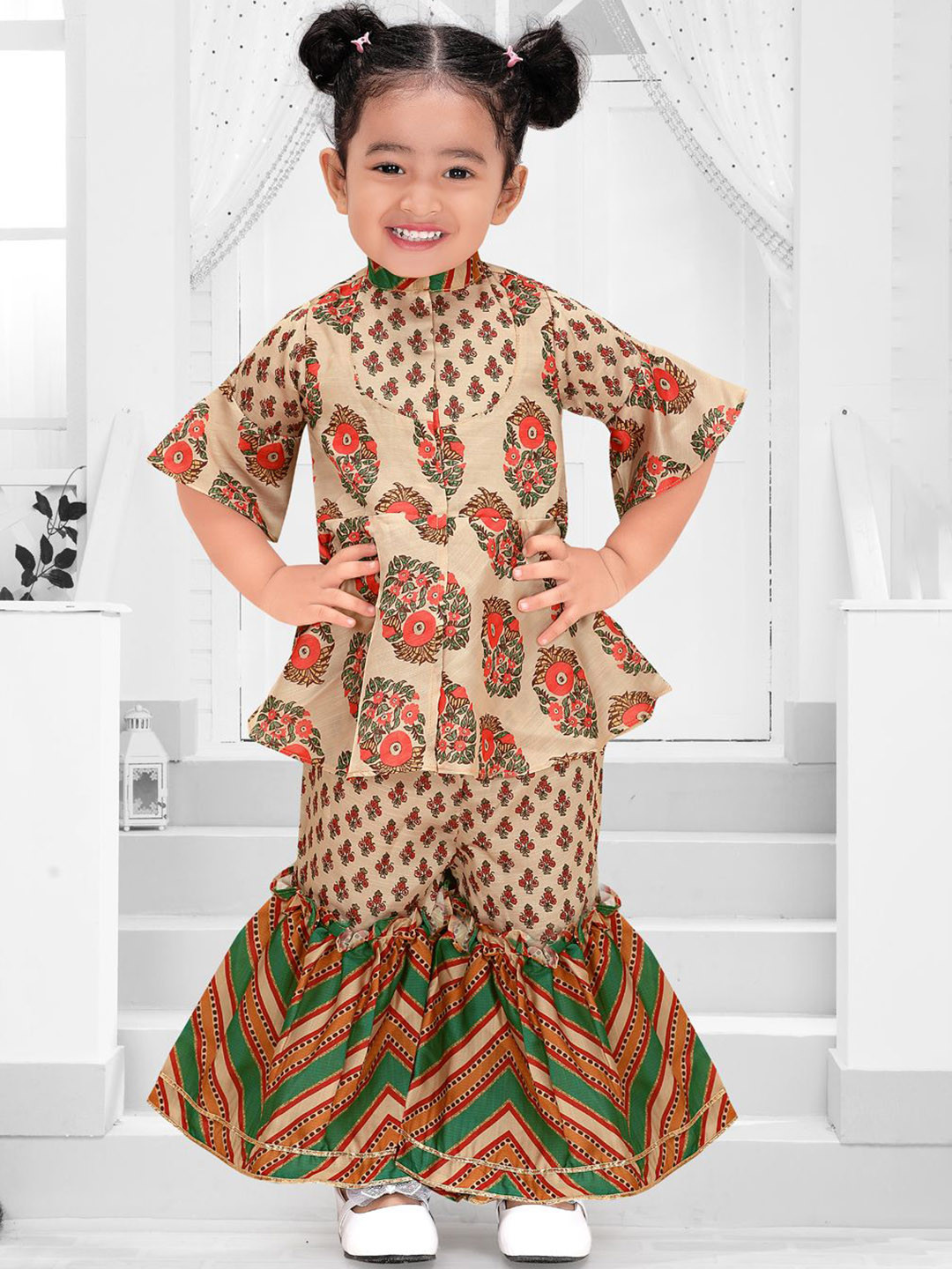 Pragya Exclusive Girls Floral Printed Satin Kurta with Sharara