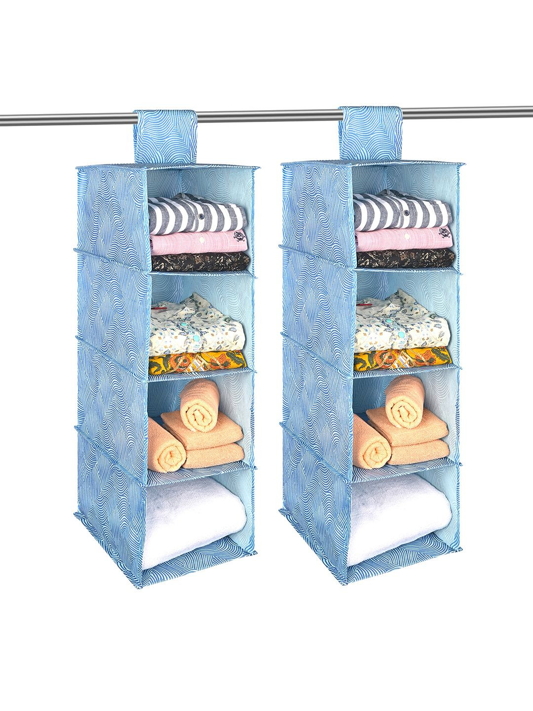 Kuber Industries 2 Pieces Blue Foldable 4 Shelf Hanging Cloth Organisers