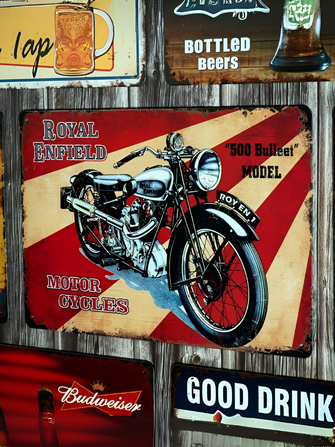 eazy wagon Black & Beige Printed Metal Number Plates Wall Sign -Royal Enfield 500 Bulleet