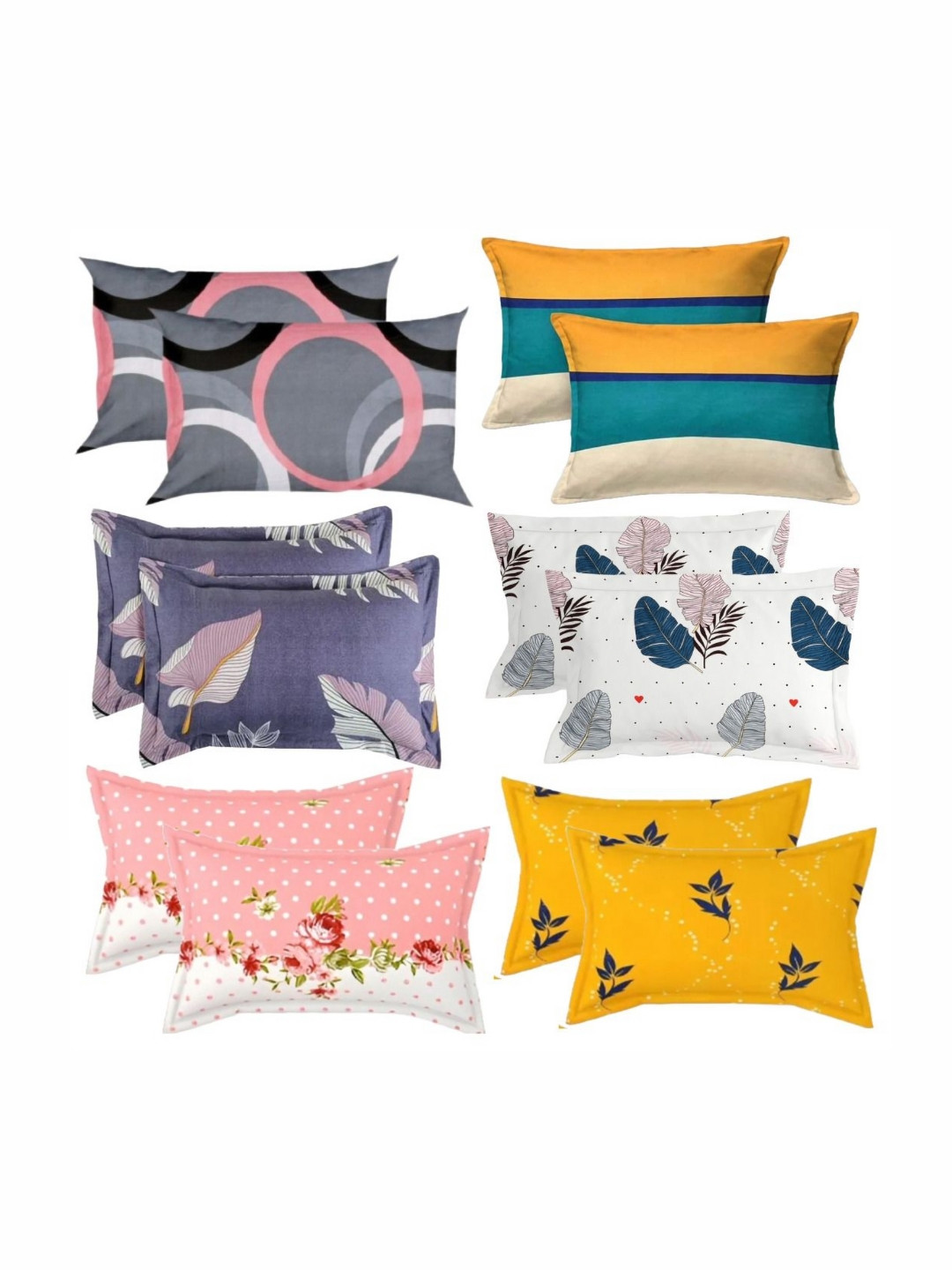 PRTREND White & Mustard 12 Pieces Abstract Printed Cotton Linen Rectangle Pillow Covers