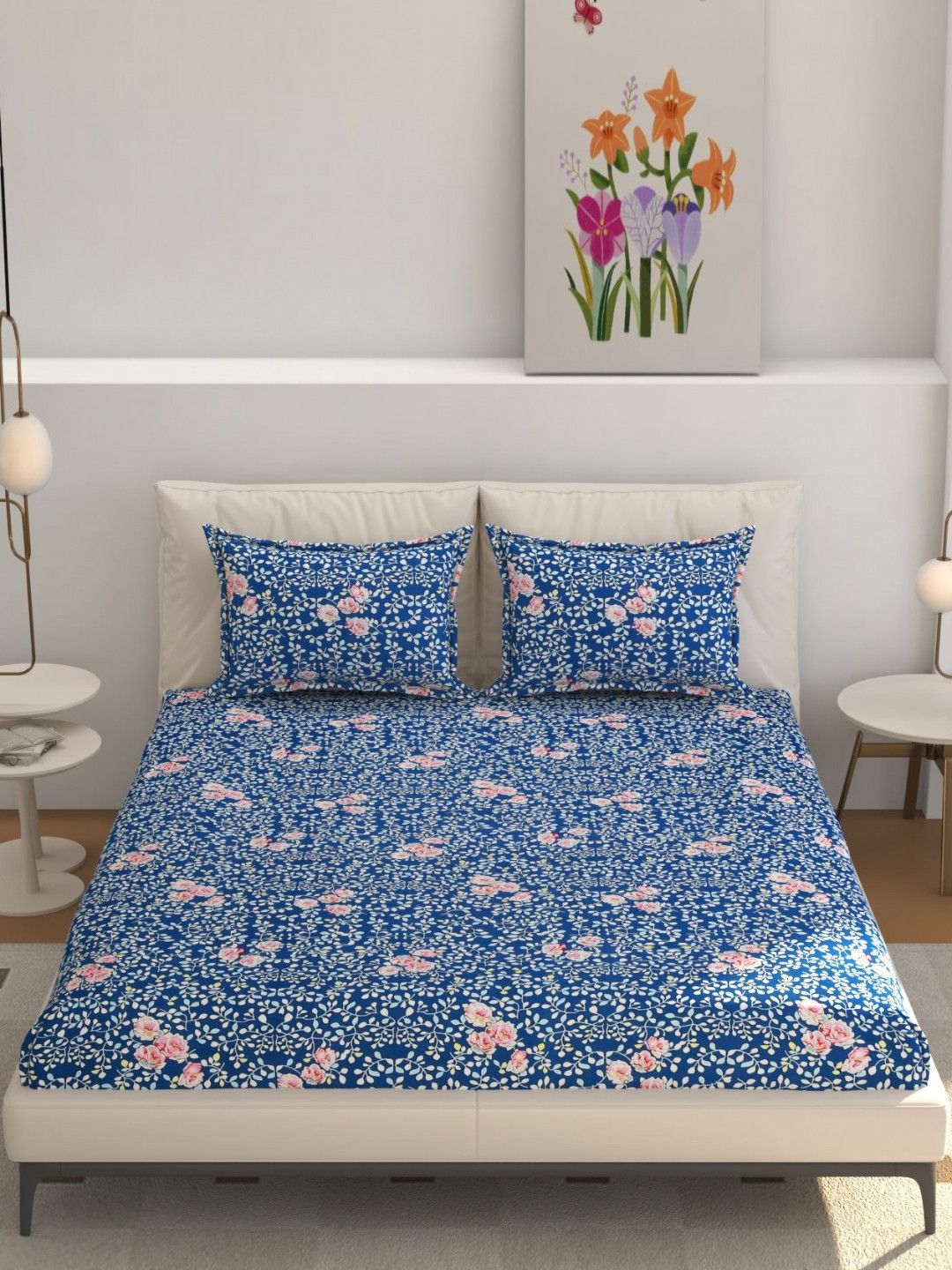 REALDREAM Royal Velar Blue Floral Cotton 300 TC Fitted King Fine Bedsheet with 2 Pillow Covers-78 x 72 inches