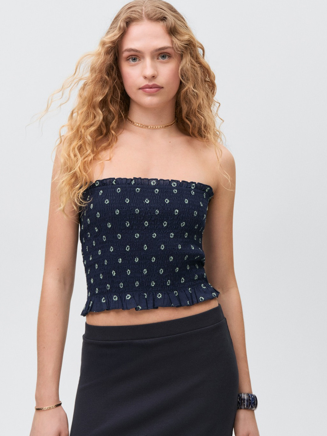 MANGO Floral Embroidered Pure Cotton Ruched Tube Top
