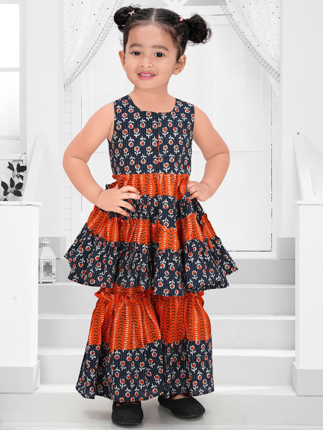 Pragya Exclusive Girls Floral Printed Empire Pure Cotton Kurta with Sharara
