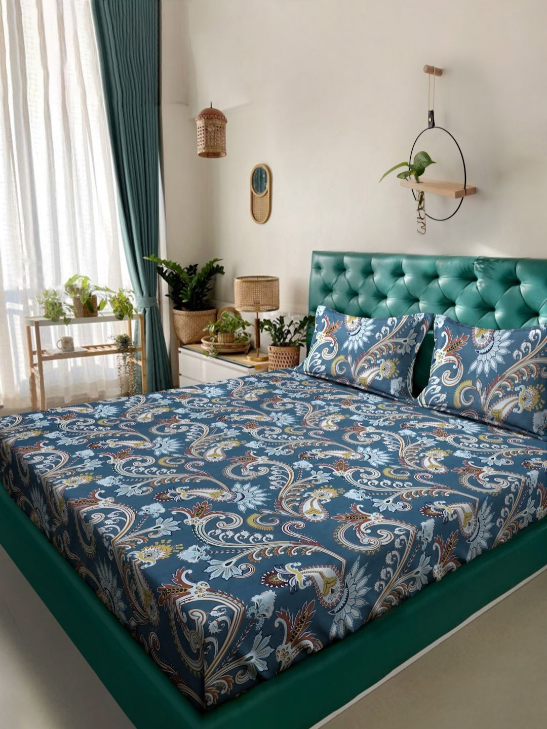 Myntra Elegant Homes Book Fold Blue Ethnic Motifs Polycotton 300 TC King Fine Bedsheet with 2 Pillow Covers-98 x 89 inches