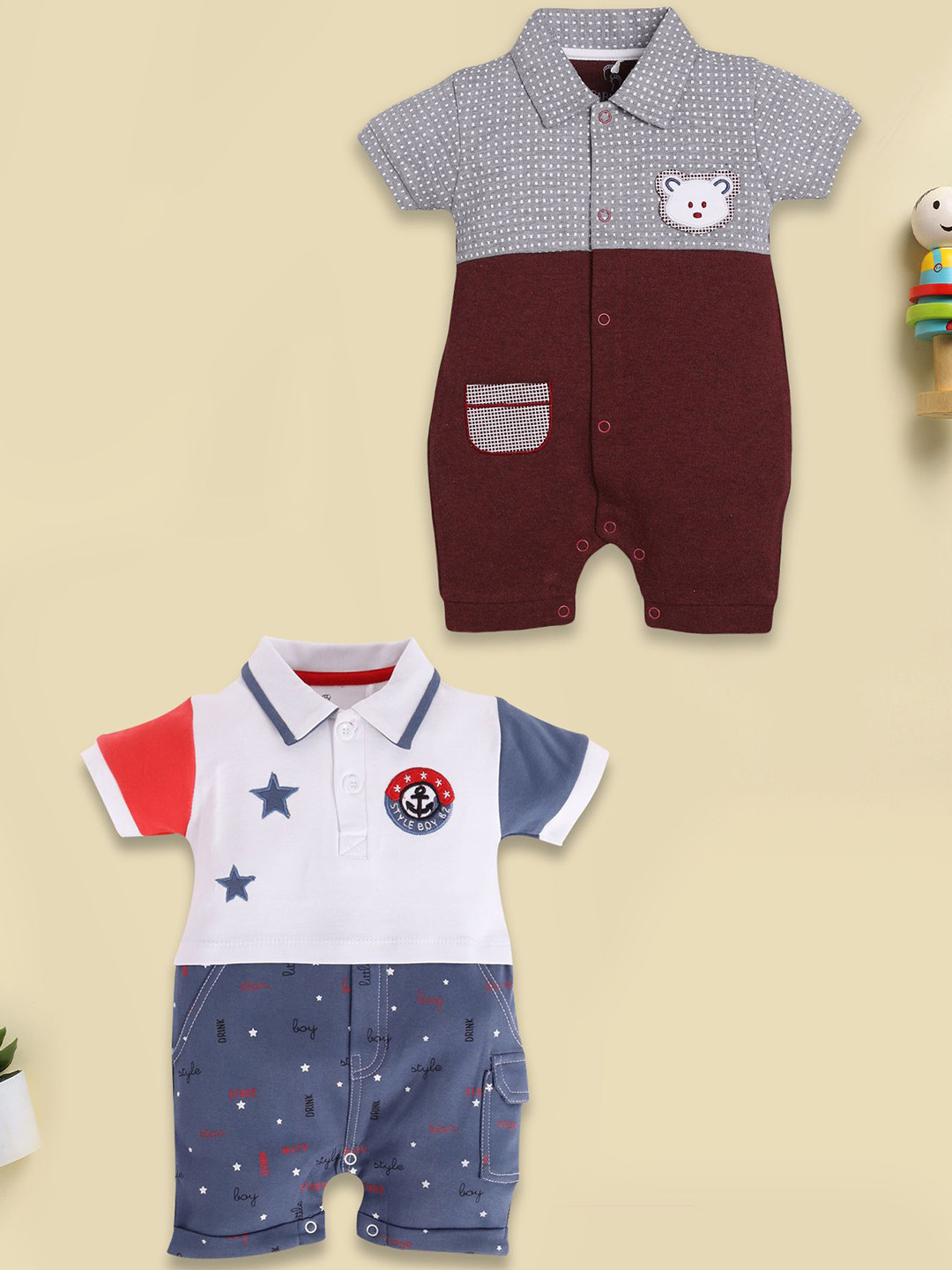 BABY GO 2-Pcs Infant Boys Printed Pure Cotton Rompers