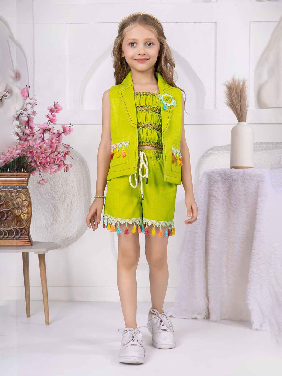 Lagorii Girls Embellished linen  vercoat With Top And Tassel Work Shorts Set