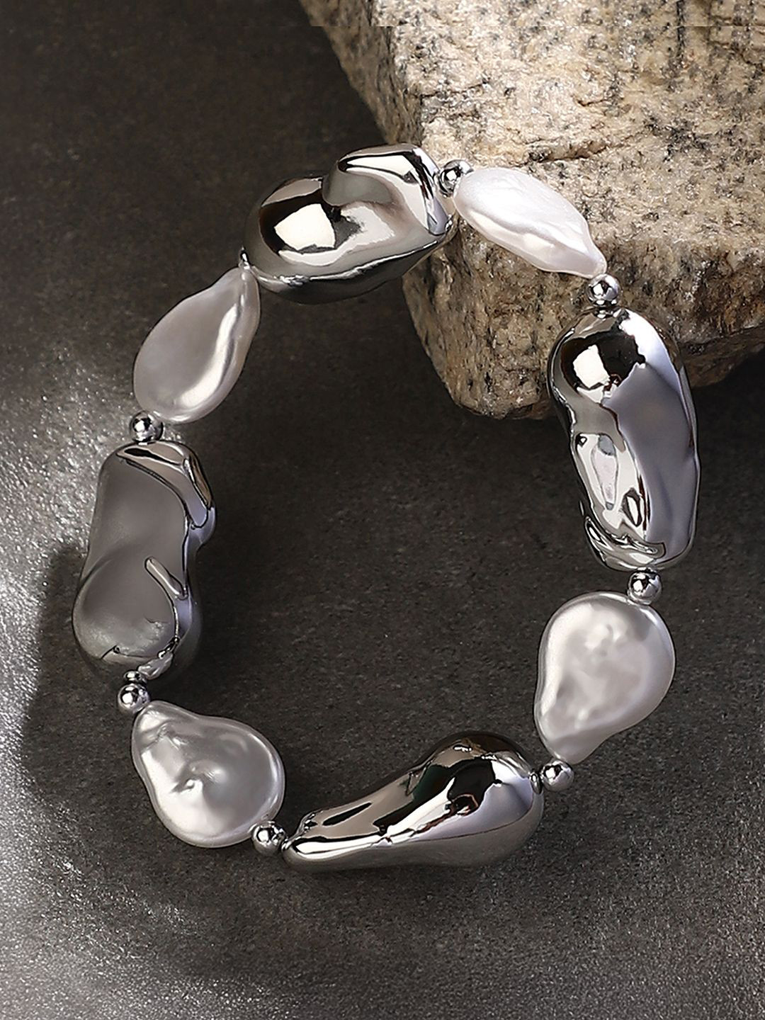 SOHI The Riviera Silver-Plated Pearls Beaded Kada Bracelet