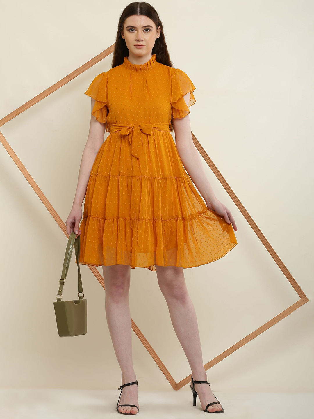 Moda Rapido Self Design Tie-Ups Detail Tiered Fit & Flare Dress