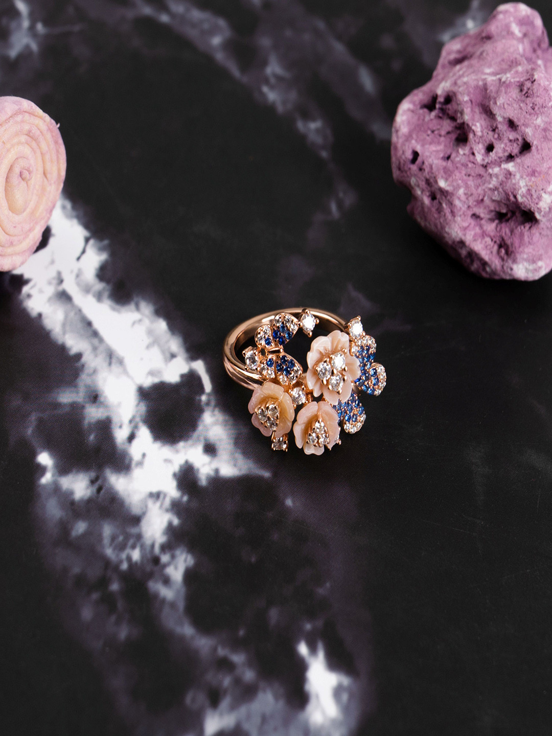 GLYTERS 925 Sterling Silver Rose Gold Plated Azure Stone Studded Finger Ring