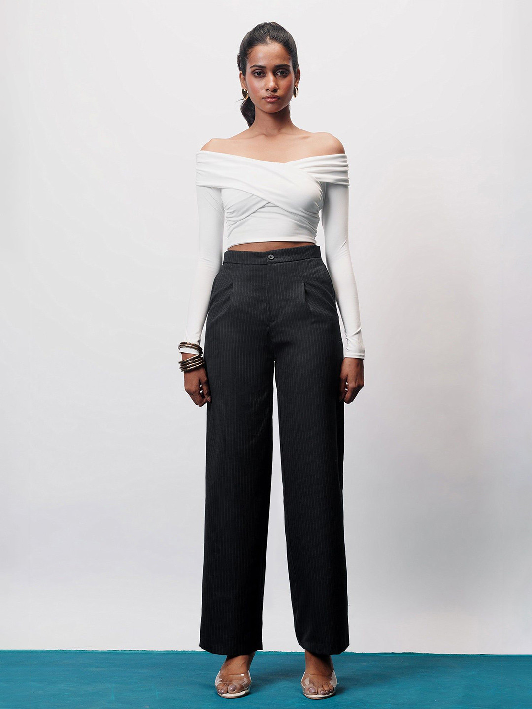 FREAKINS Women Striped Classic Black Straight Pinstripe Trousers