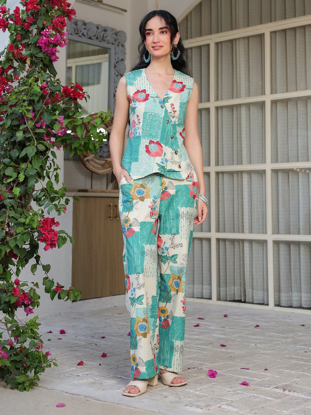 JISORA Floral Printed Sleeveless V-Neck Cotton Flex Top With Trouser Co-Ord Set