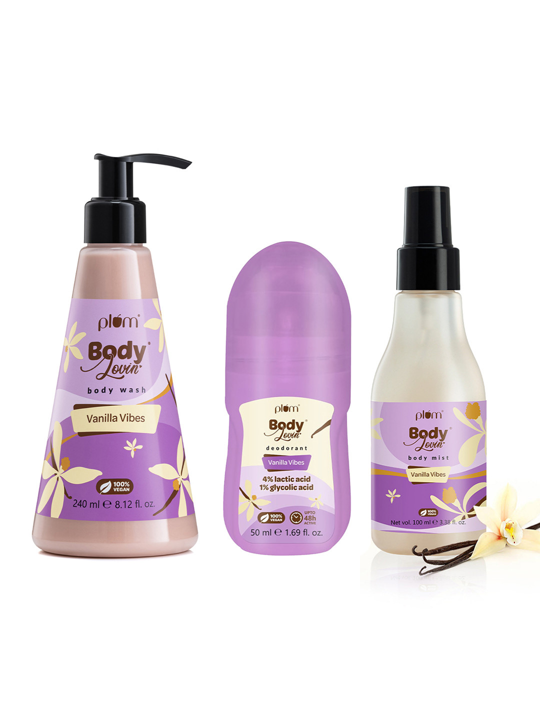 Plum Set Of BodyLovin' Vanilla Vibes Fragrance Body Mist, Deodorant Roll On & Shower Gel